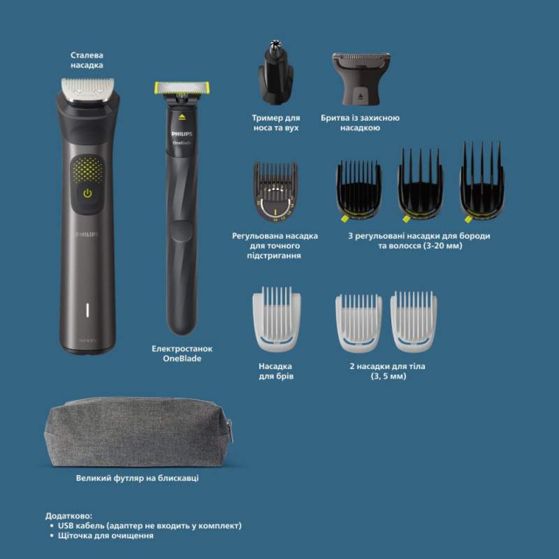 Philips Триммер Series 9000 для бороды, усов,головы, тела, акум., насадок-13, сталь, серый (MG9530/15)