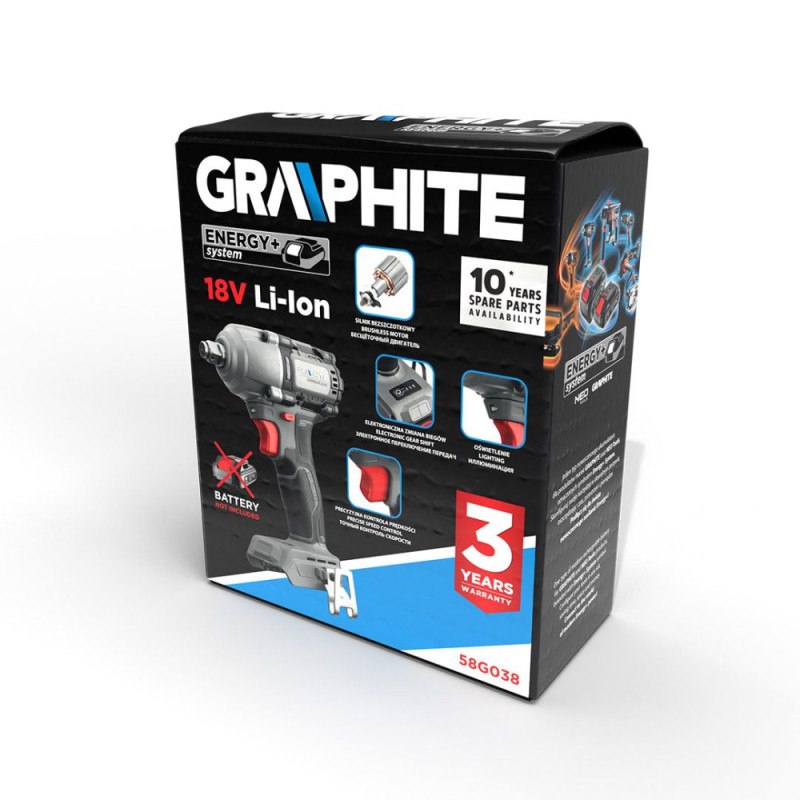Graphite impact wrench Energy+ 18V brushless 2600 rpm 450 Nm 1/2  3 speeds 1.24 kg without battery and spare part (58G038)