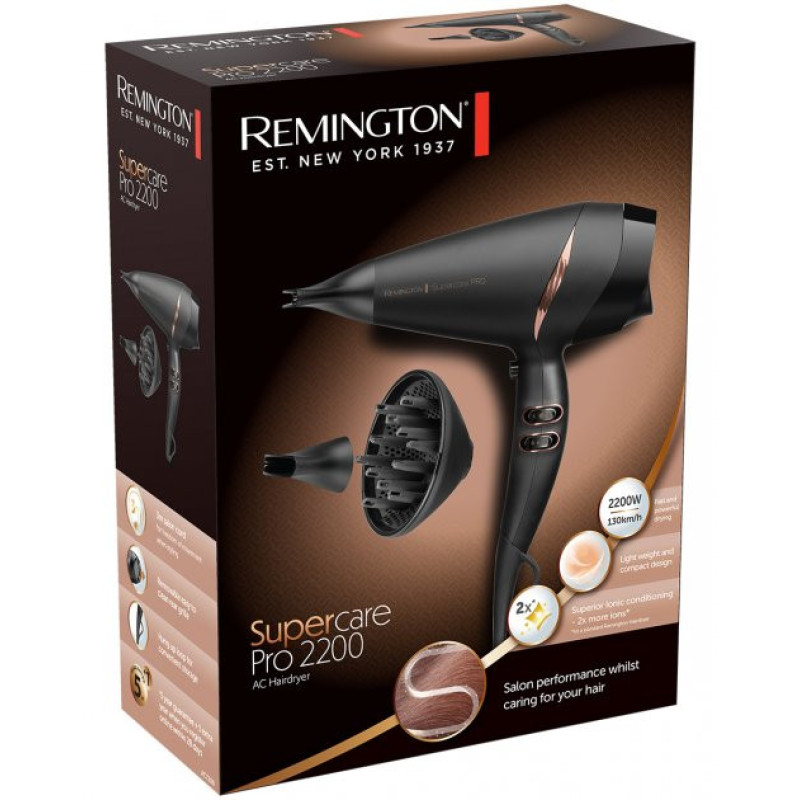 Remington Фен Supercare PRO 2200 AC motor, 2200Вт, режимов-3, дифузор, иониз-я, хол. обдув, черный (AC7200)
