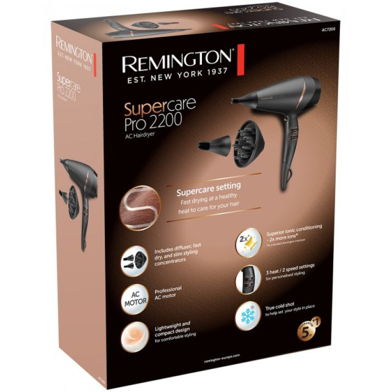 Remington Фен Supercare PRO 2200 AC motor, 2200Вт, режимов-3, дифузор, иониз-я, хол. обдув, черный (AC7200)