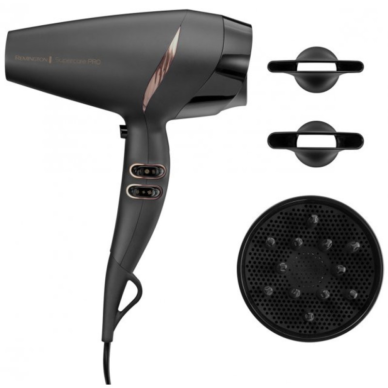 Remington Фен Supercare PRO 2200 AC motor, 2200Вт, режимов-3, дифузор, иониз-я, хол. обдув, черный (AC7200)