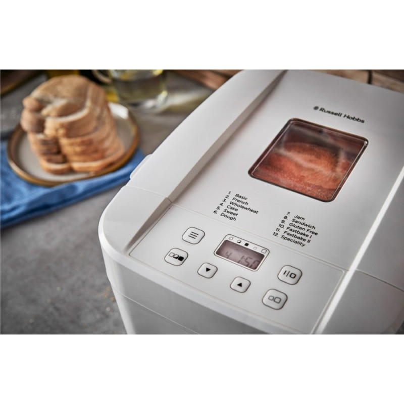 Russell Hobbs Хлебопечка 600Вт, программ-12, макс.вес -1кг, форма-прямоугольник, пластик, белый (27260-56)