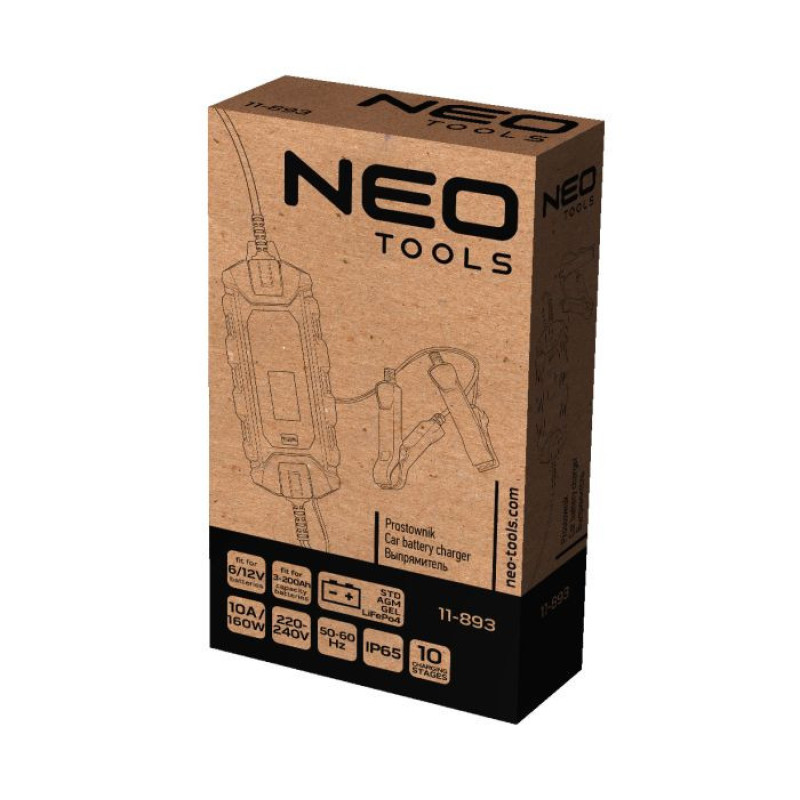 Neo Tools Зарядний пристрій автоматичний, 10А/160Вт, 3-200Ач, для автомобільних акум. AGM/GEL (11-893)