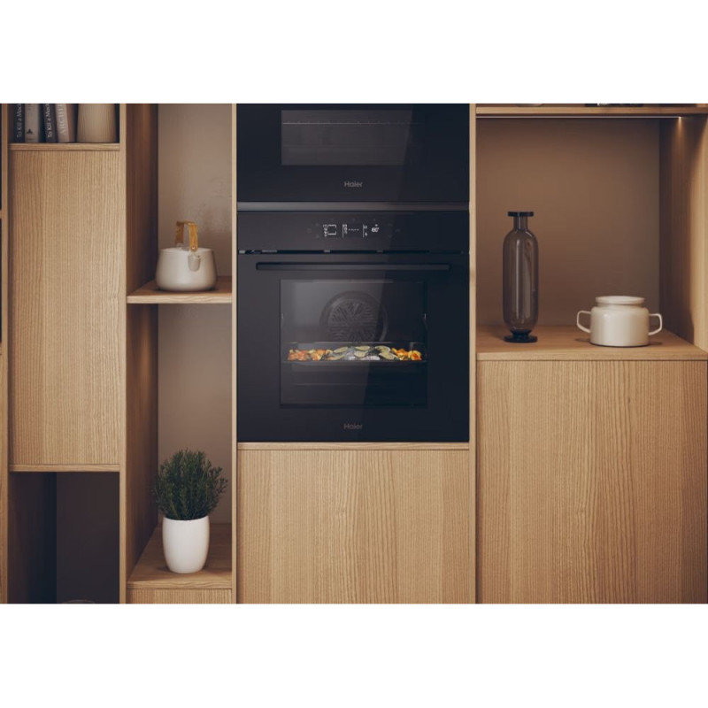 Haier Духовой шкаф электрический, 78л, A++, дисплей, конвекция, пиролиз, телескопические направляющие, черный (H6ID25G3YTB)