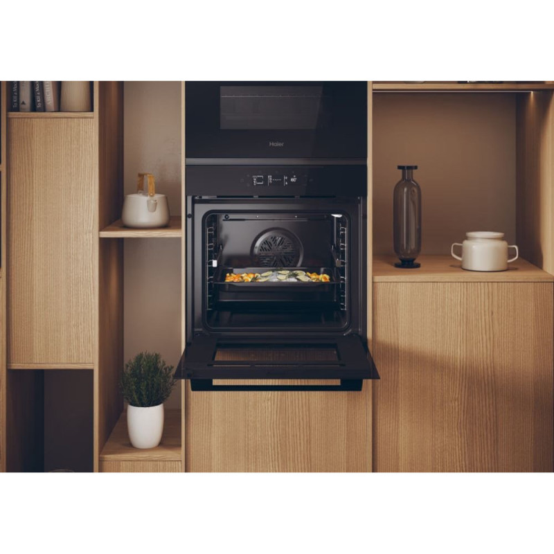 Haier Духовой шкаф электрический, 78л, A++, дисплей, конвекция, пиролиз, телескопические направляющие, черный (H6ID25G3YTB)
