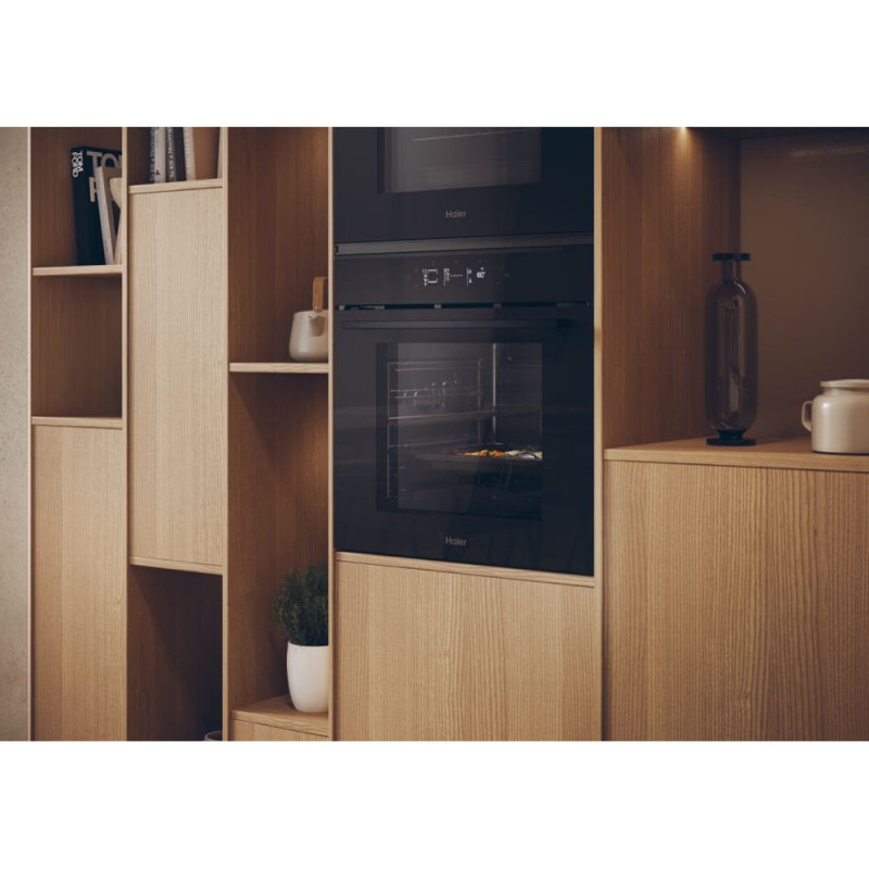 Haier Духовой шкаф электрический, 78л, A++, дисплей, конвекция, пиролиз, телескопические направляющие, черный (H6ID25G3YTB)