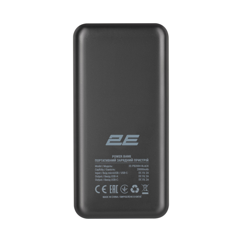 2E Power Bank 20000mAh, DC 5V, 2.1A, Type-C, Micro-USB, USB-А, Black (2E-PB2004-BLACK)