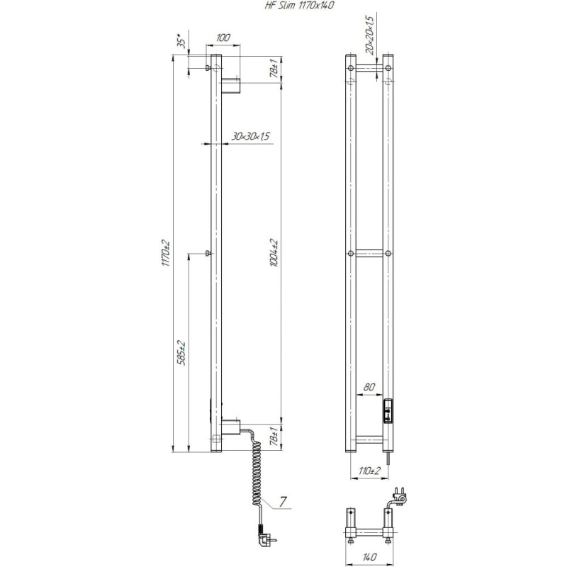 Hygge Family electric towel warmer Slim, 1170x140x80mm, timer-regulator, steel, matte black (3.164.045618.BM)