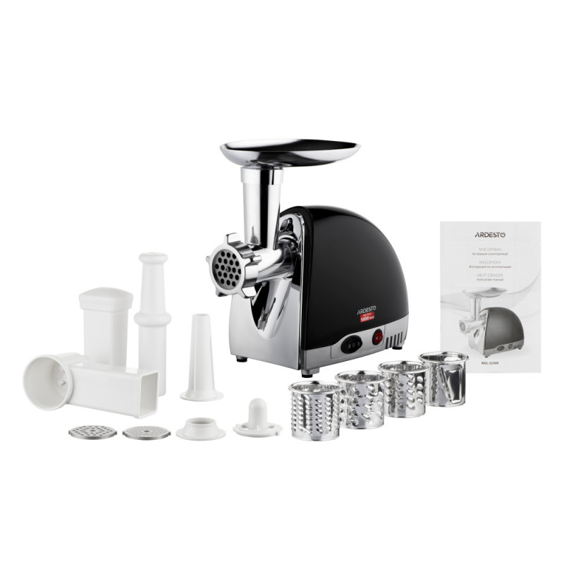 ARDESTO Meat grinder, 1800W, prod.-2kg/min, 3 cutting plates+for sausag.plates, 4 vegetable slicer, plastik, black-silver (MGL-2250R)