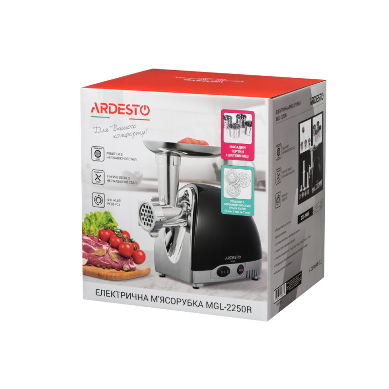 ARDESTO Meat grinder, 1800W, prod.-2kg/min, 3 cutting plates+for sausag.plates, 4 vegetable slicer, plastik, black-silver (MGL-2250R)