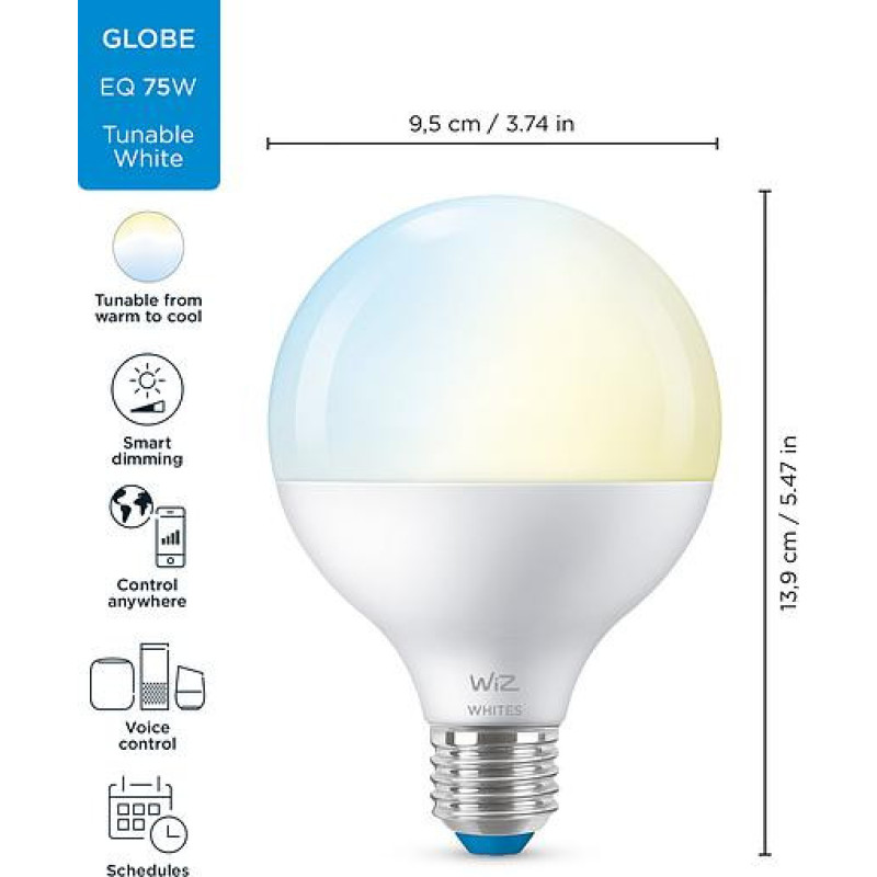 WiZ Лампа розумна E27, 11W, 75W, 1055Lm, G95, 2700-6500K, Wi-Fi