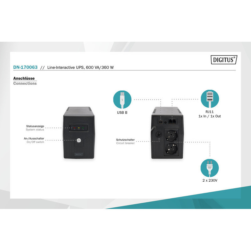 Digitus ДБЖ Line-Interactive, 600VA/360W, LED, 2xSchuko, RJ11, USB (DN-170063)