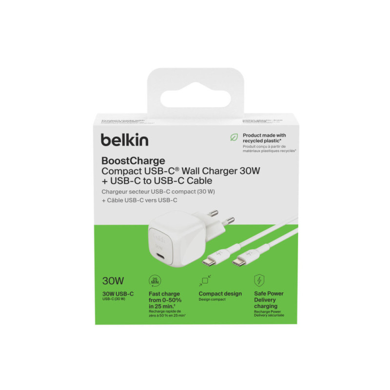Belkin Wall Charger 30W USB-C PD PPS, 1M PVC C-С, white (WCA008KQ1MWH-B6)