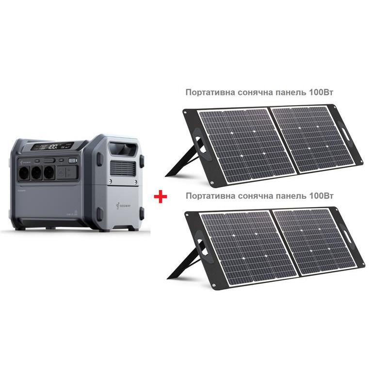 Segway Комплект Портативна електростанція CUBE 1000, 2584 Вт заг (R-Drive 4400 Вт), 1024 Вт/год, IPX3, BT, розширення ємності, швидка зарядка + портативна сонячна панель 2x100 Вт (AA.13.04.02.0004-ST2X100)