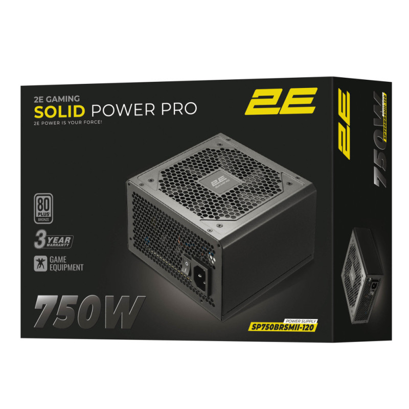 2E Gaming PSU Solid Power Pro (750W), >85%, 80+ Bronze, 120mm, 1xMB 24pin(20+4), 2xCPU 8pin(4+4), 3xMolex, 6xSATA, 4xPCIe 8pin(6+2), 1x12VHPWR, Semi Modular (2E-SP750BRSMII-120)