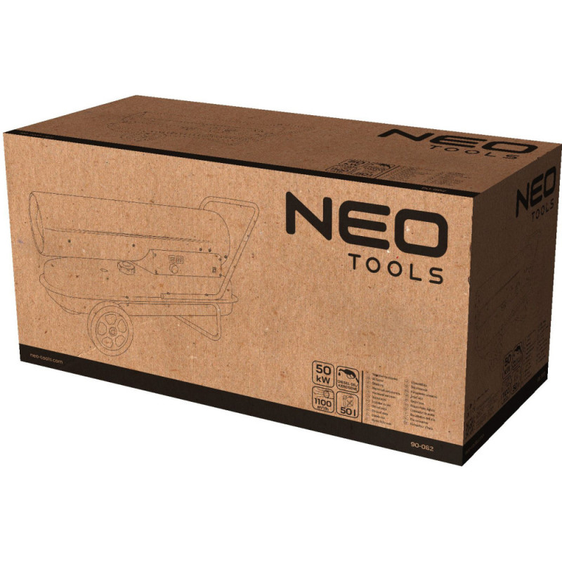 Neo Tools Тепловая пушка дизель/керосин, 50 кВт, 1100м3/ч, прямого нагрева, бак 50л, расход 4.7л/ч, IPX4, колеса (90-082)