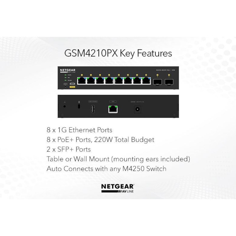 NETGEAR Коммутатор M4250-8G2XF-PoE+ (GSM4210PX), 8xGE PoE, 2xSFP+, 220Вт, AV Line, Управляемый L2 (GSM4210PX-100EUS)